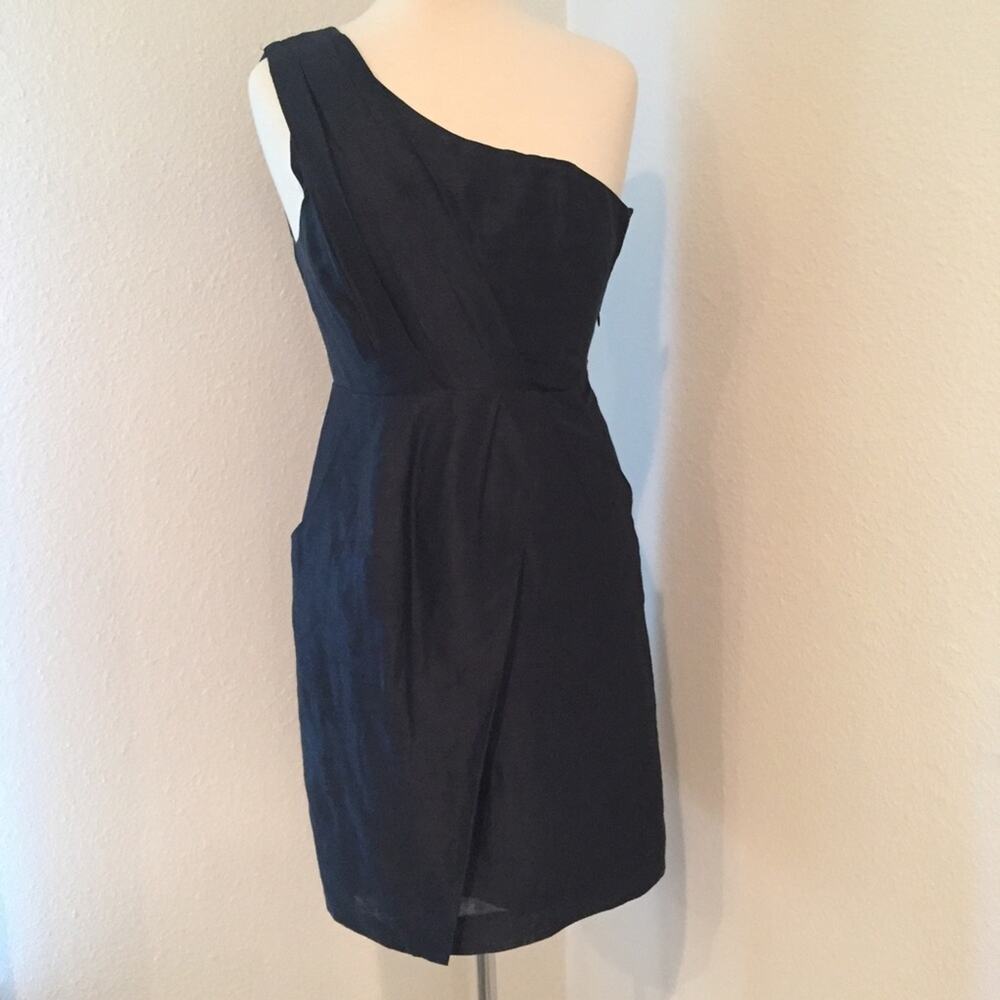 Anthropologie Va Et Vien Formal One Shoulder Silk Linen Pleated Dress Blue